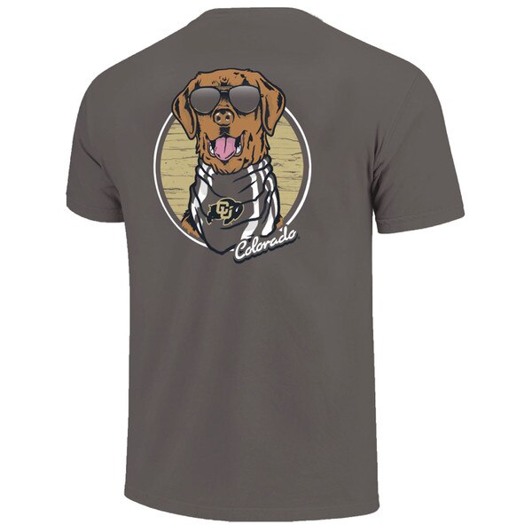 This is the back of the shirt. it has a Golden Retriever with grey aviator sunglasses and a CU Buffalo bandana. The dog is over a yellow circular background with a white ring around it.